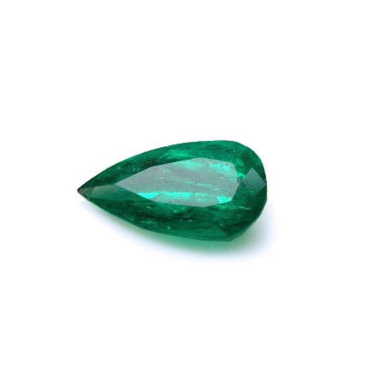 Natural emerald pear cut from muzo mine Colombia, eye-clean gemstone vivid bluish-green color.