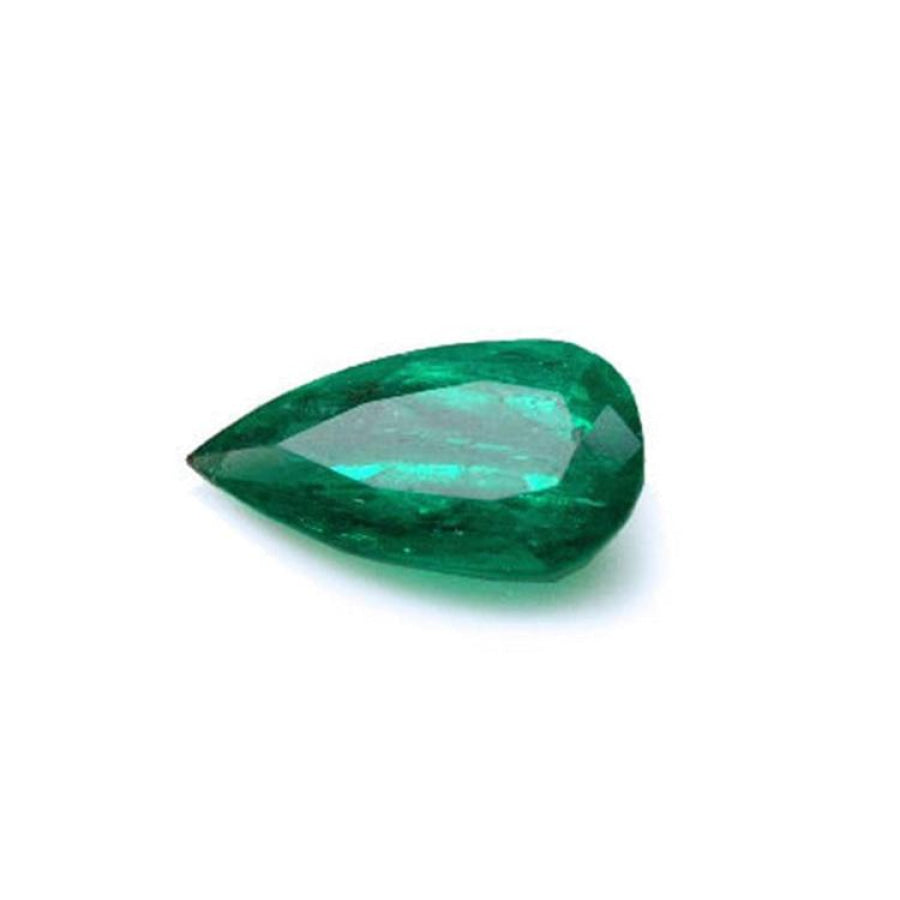 Natural emerald pear cut from muzo mine Colombia, eye-clean gemstone vivid bluish-green color.