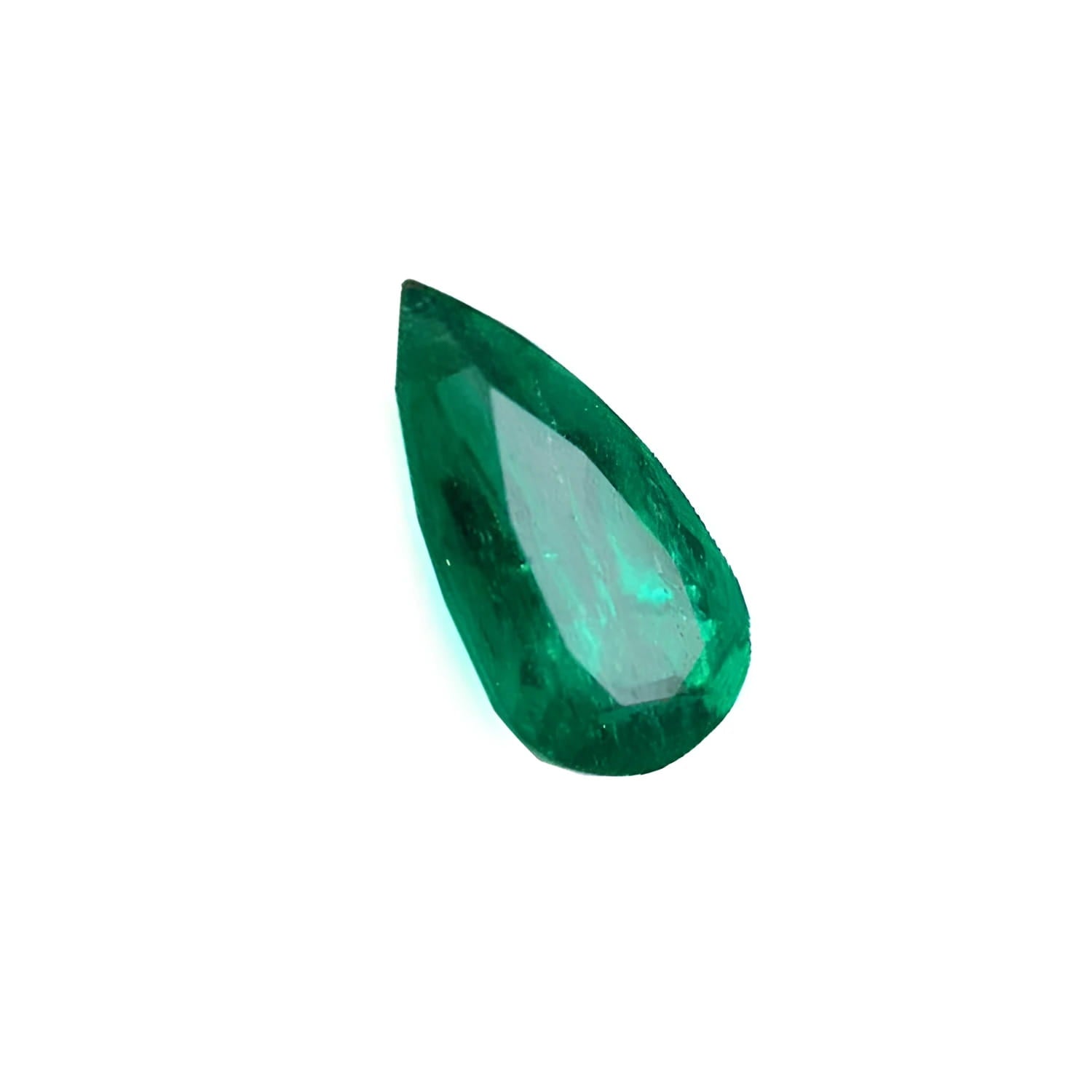 Natural emerald pear cut from muzo mine Colombia, front left tall side table and crown view