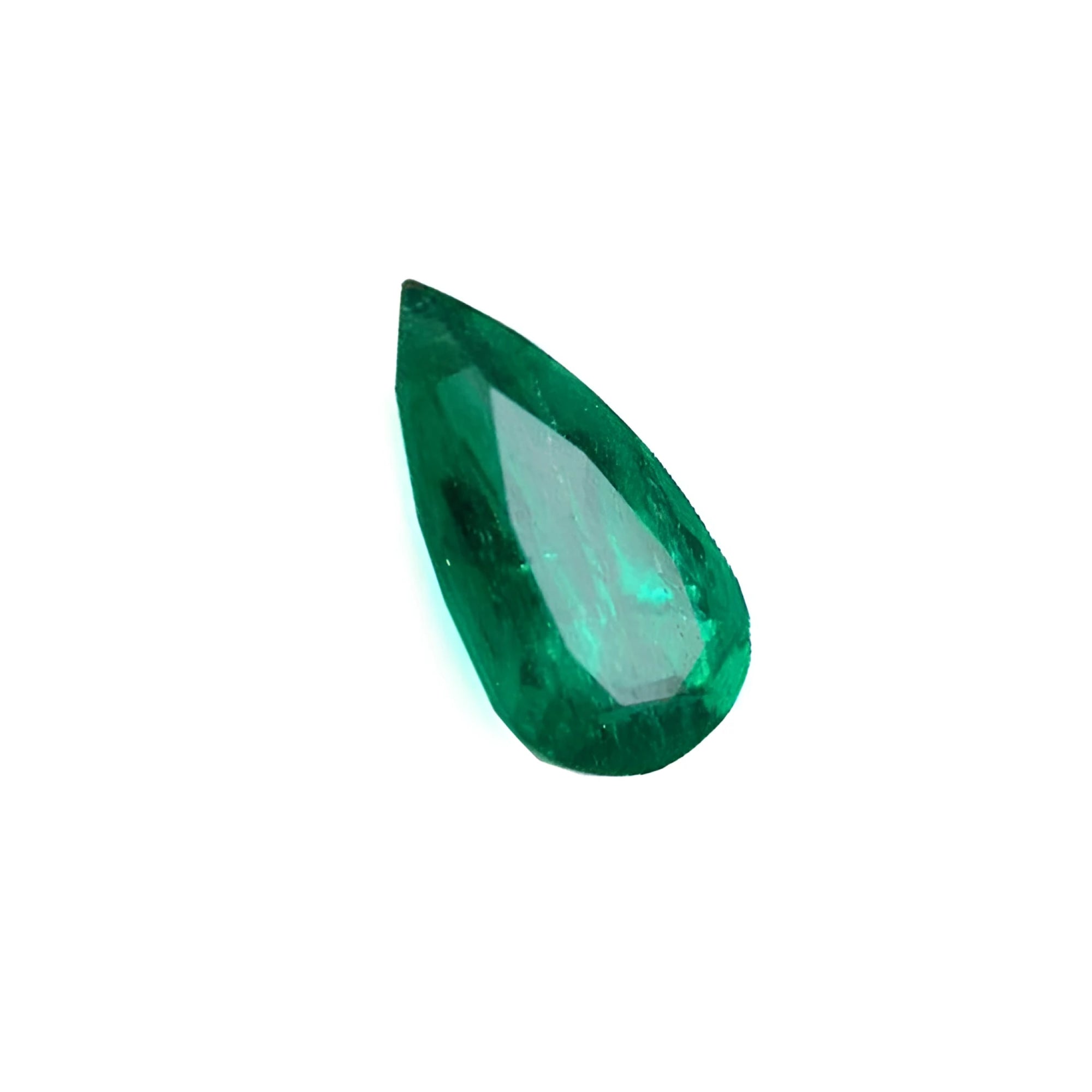 Natural emerald pear cut from muzo mine Colombia, front left tall side table and crown view