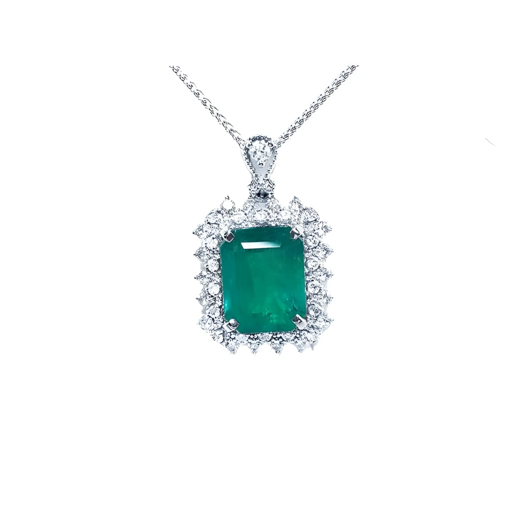 7.78 ct. deep green rectangular emerald pendant with double halo diamonds in 14K white gold, antique style.