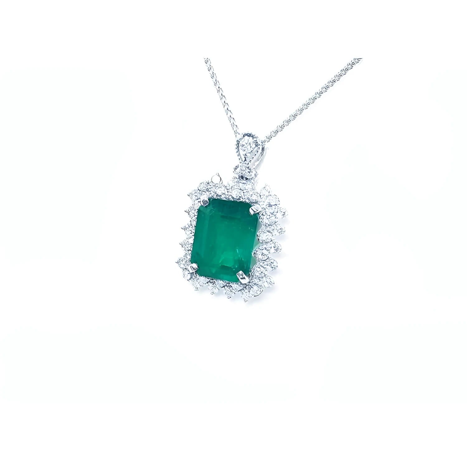 7.78 ct. rectangular natural emerald pendant with double halo diamonds in 14K white gold, antique style.