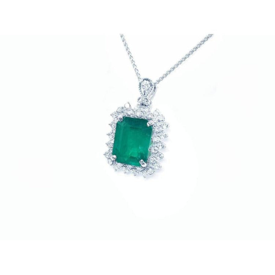 7.78 ct. rectangular natural emerald pendant with double halo diamonds in 14K white gold, antique style.
