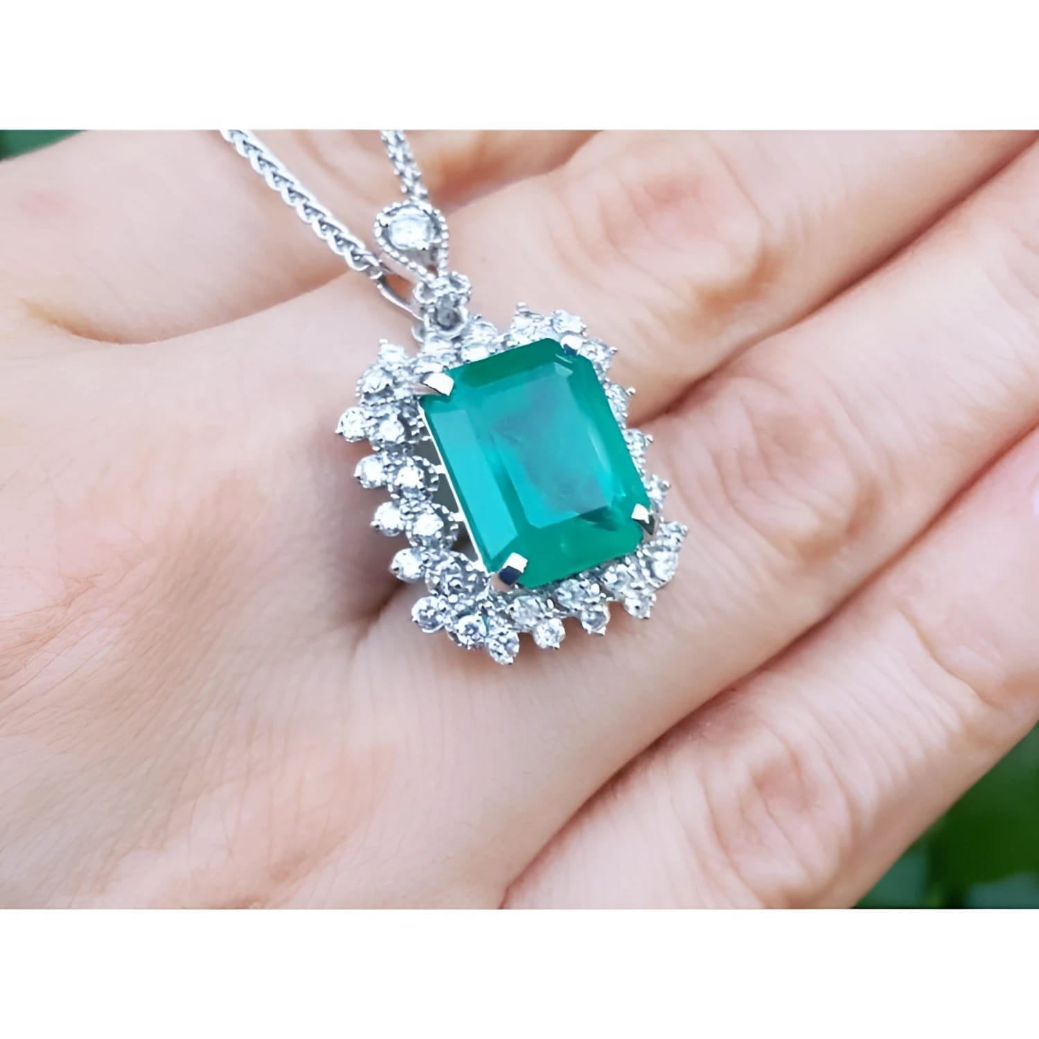 7.78 ct natural rectangular emerald pendant with double halo diamonds in 14K white gold, antique style.