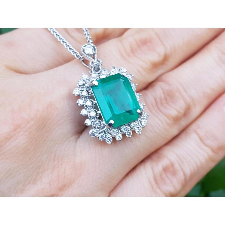 7.78 ct natural rectangular emerald pendant with double halo diamonds in 14K white gold, antique style.