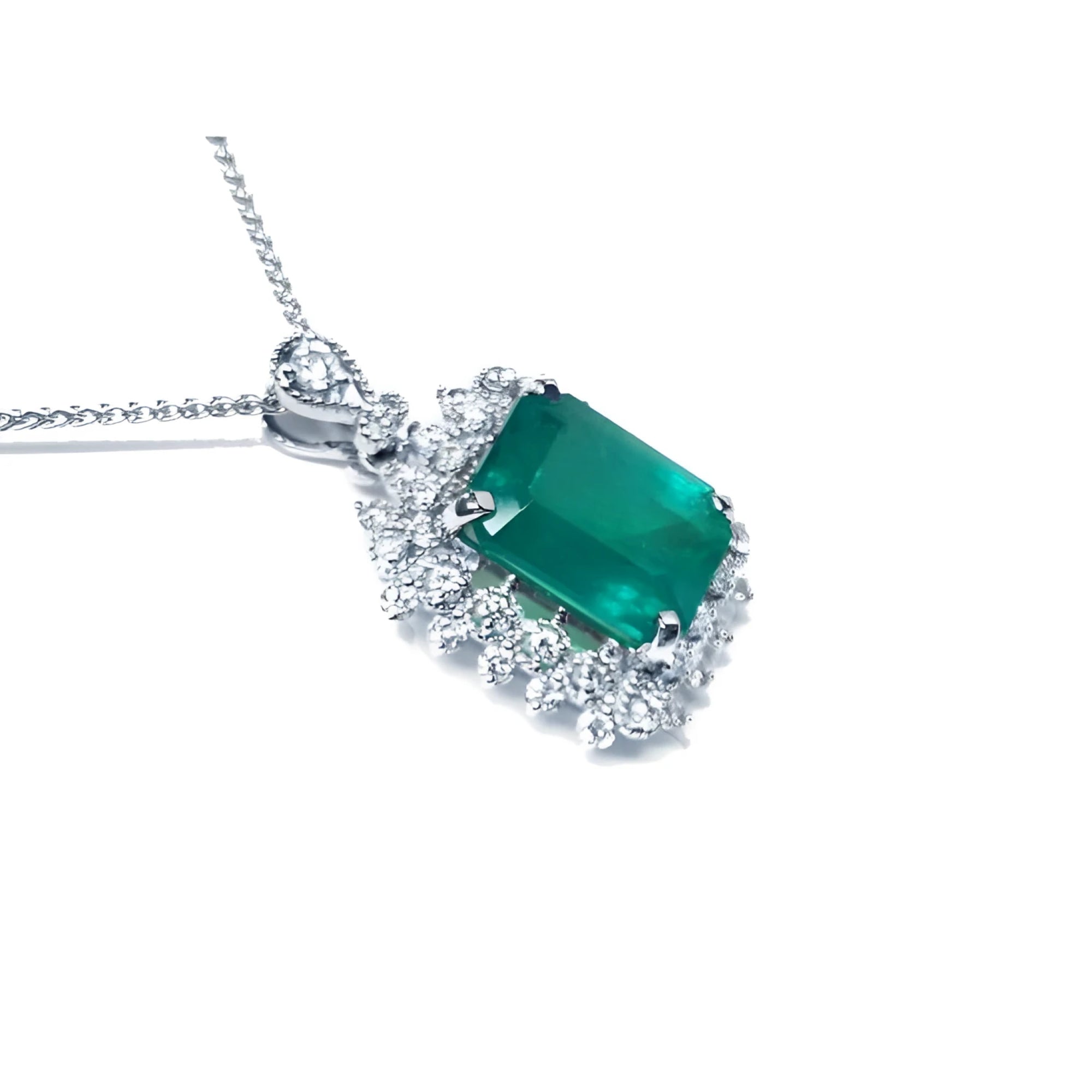 7.78 ct. deep green rectangular emerald pendant with double halo diamonds on a 14K white gold chain.