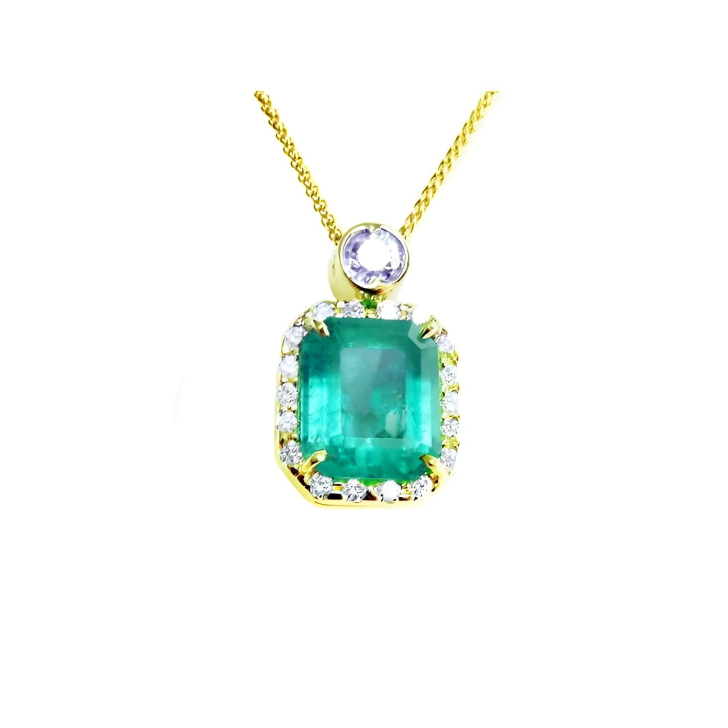 7.09 ct. natural emerald pendant with diamond halo and round purple gemstone on 18K yellow gold chain.