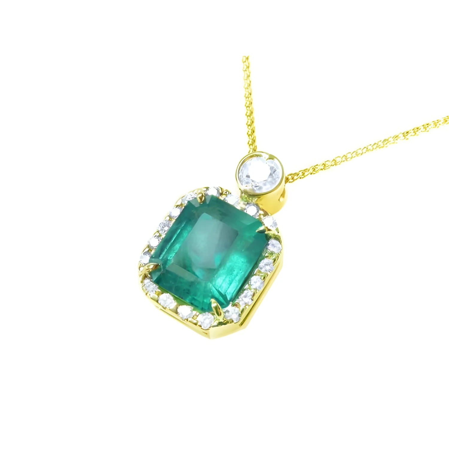 7.09 ct emerald pendant necklace with diamond halo and round diamond accent on 18K yellow gold chain.