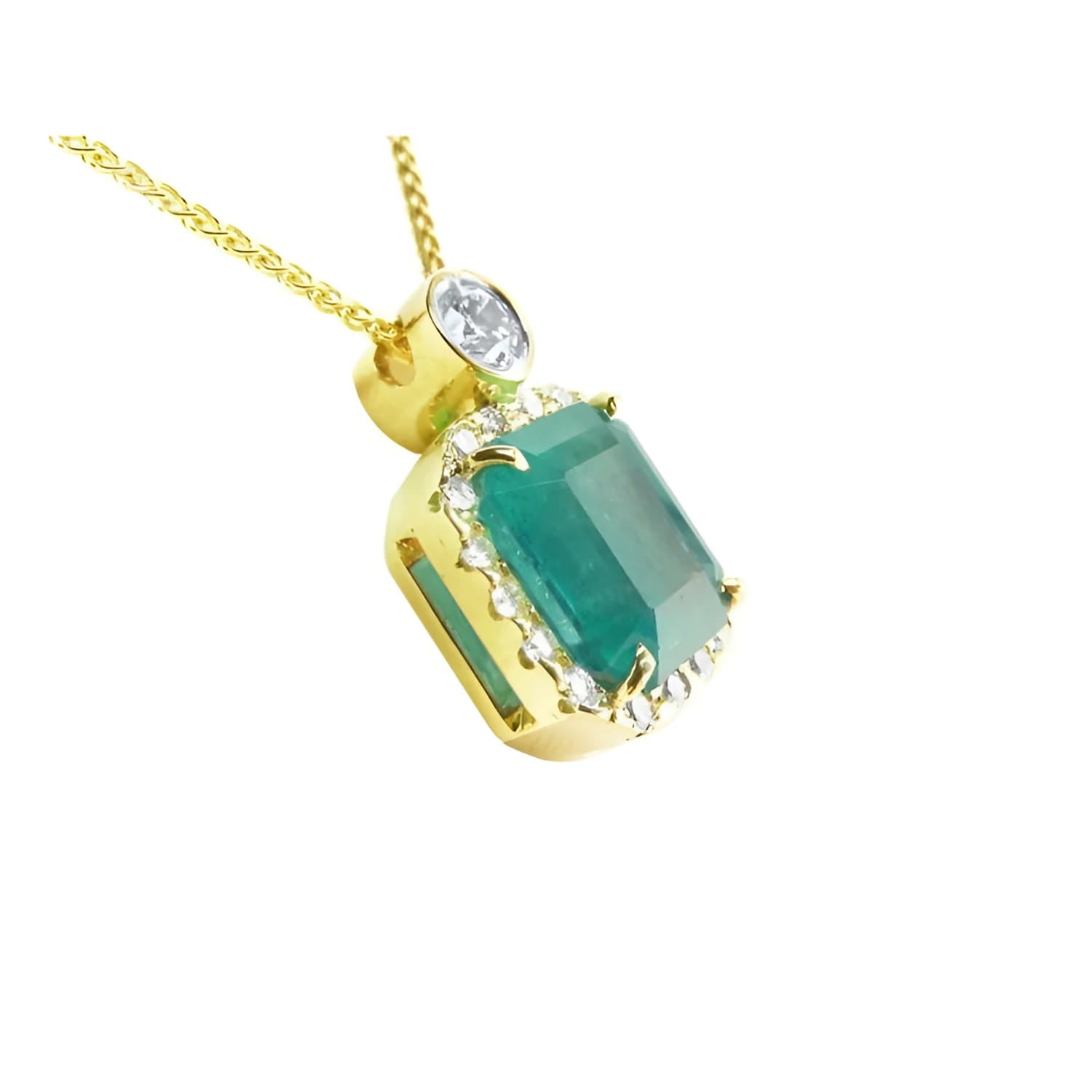 18K yellow gold emerald pendant necklace with a halo of diamonds on a delicate chain.