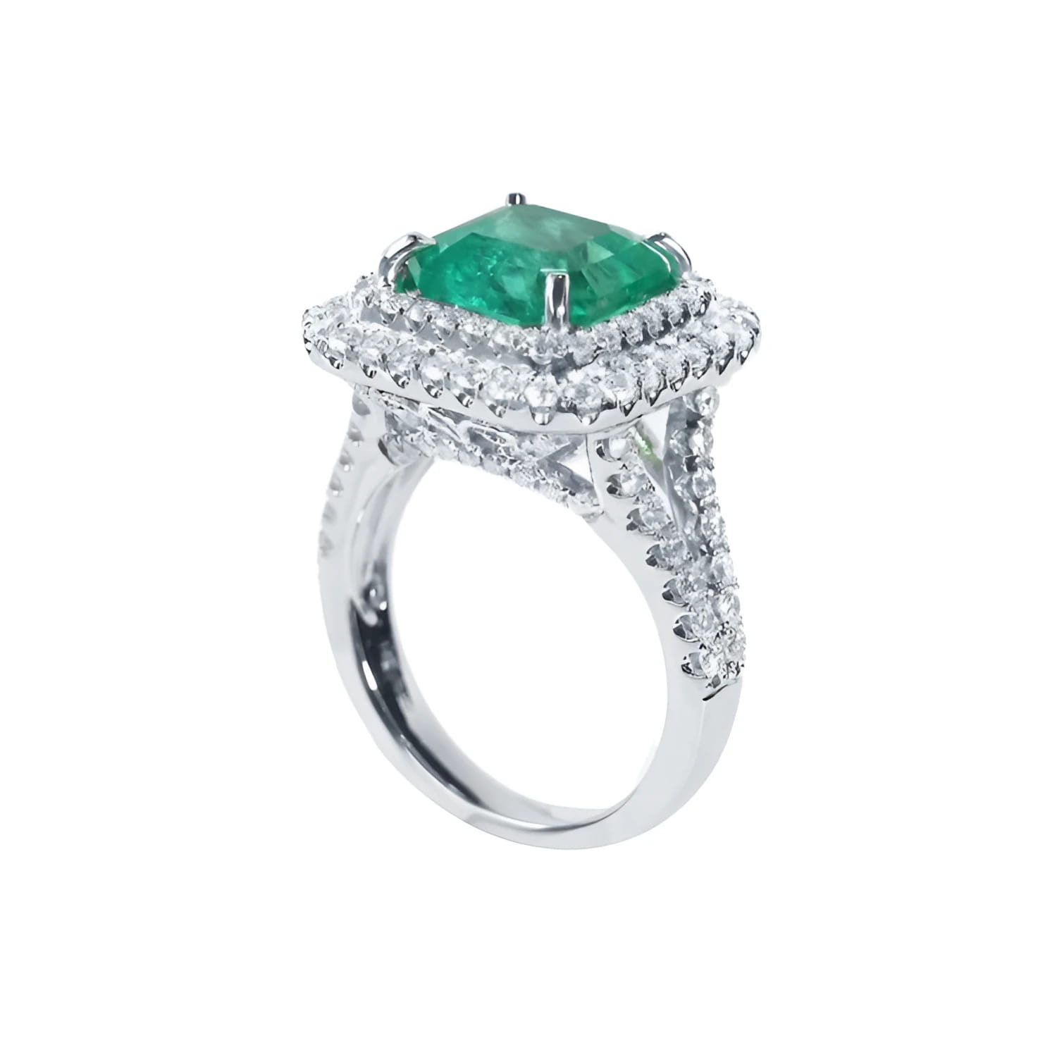 4.14 ct GIA F1 Colombian emerald ring with bright green emerald, diamond halo, and diamond-accented 14K white gold band.