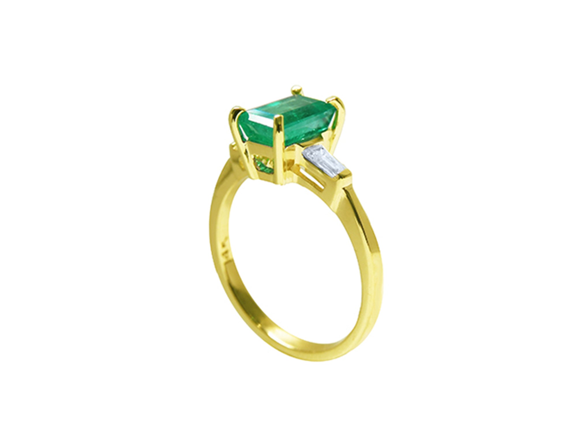 This yellow gold emerald ring displays the top and side profile on a white background
