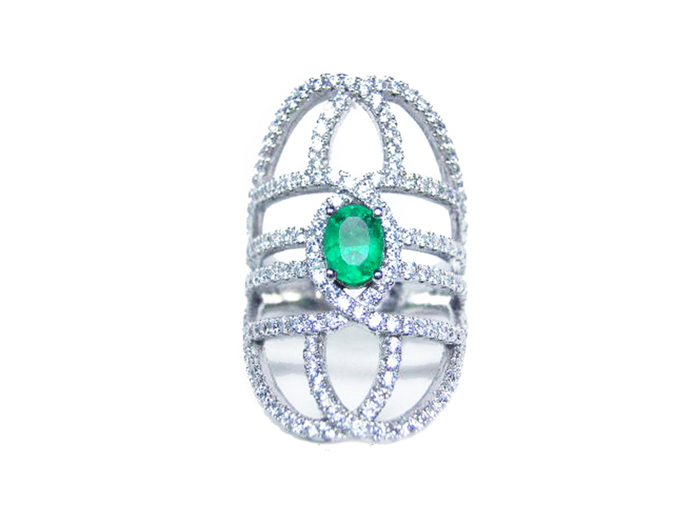 Silver ring with a genuine emerald on a white background.