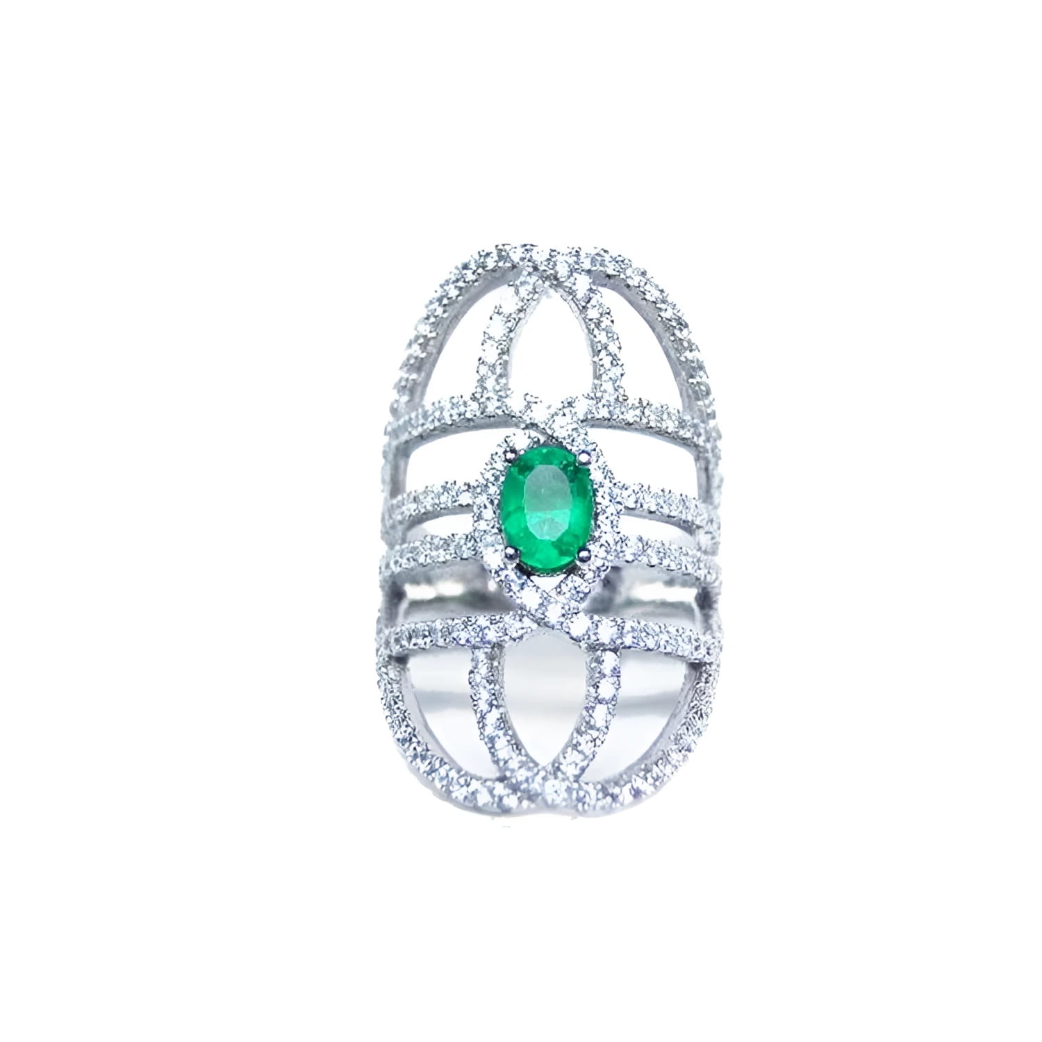 Sterling silver ring with oval natural emerald center stone and CZ halo accents.
