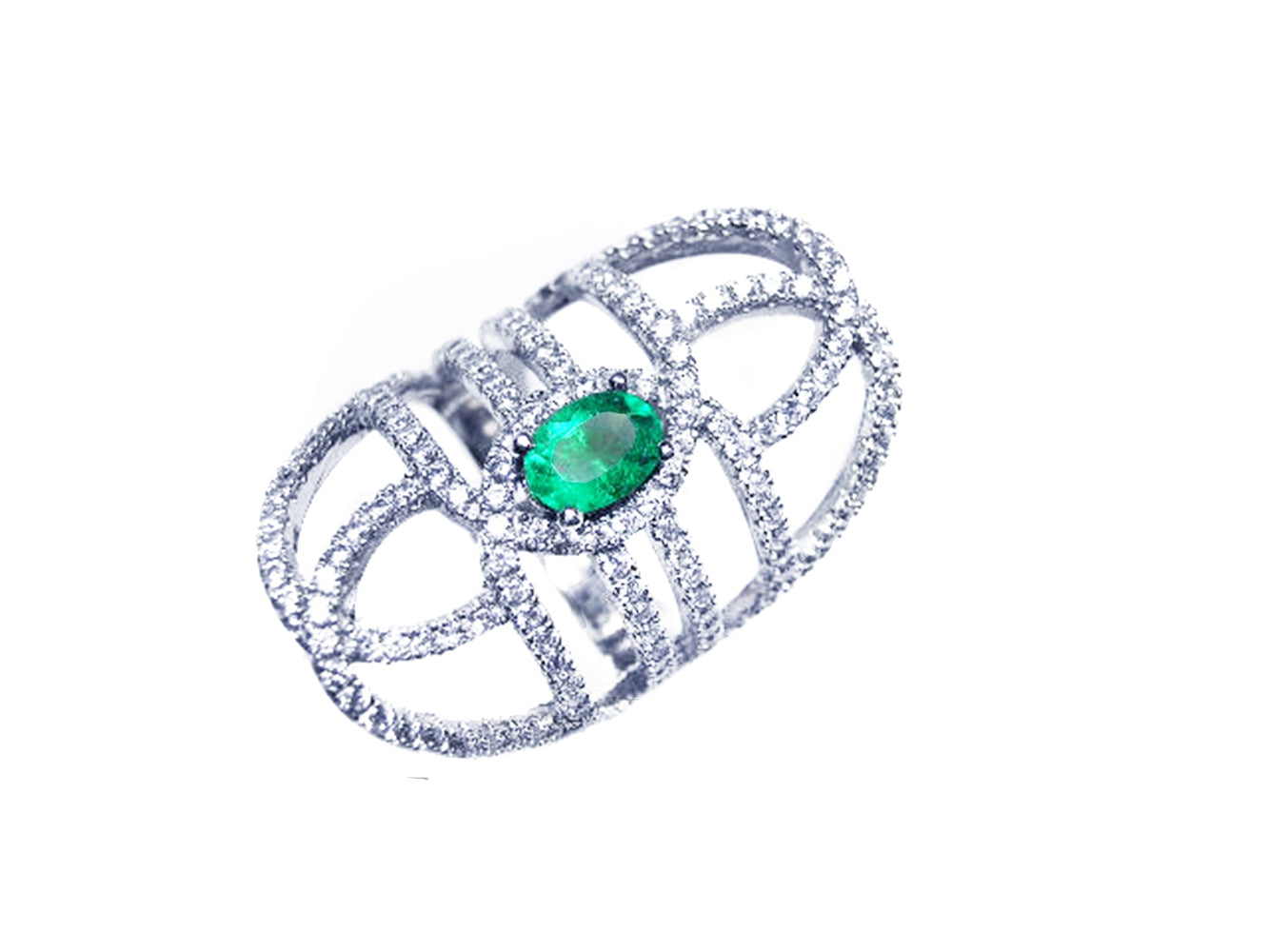Silver ring with a colombian emerald on a white background.