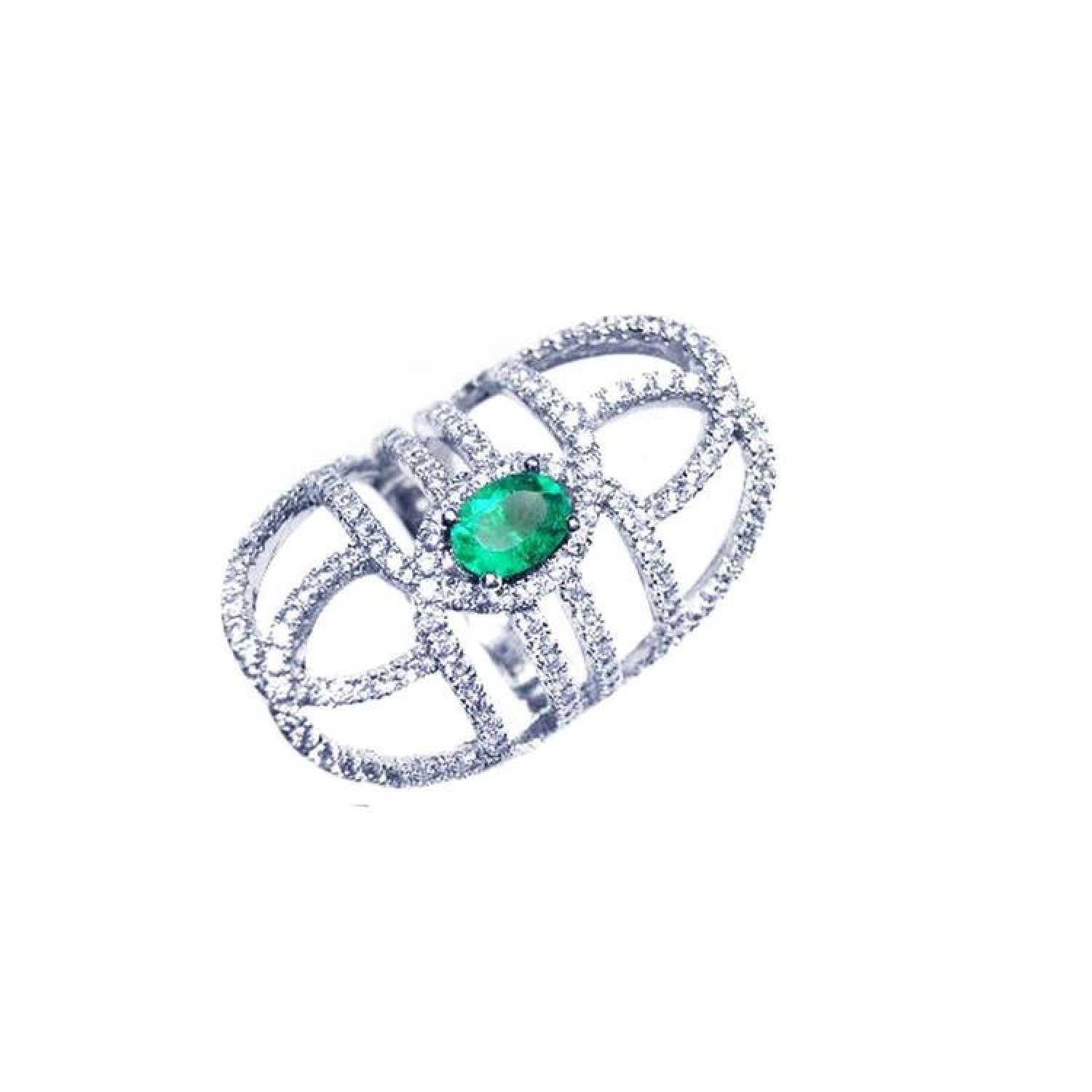 Sterling silver ring with a natural oval emerald center and CZ halo accent, featuring a wide, openwork band.