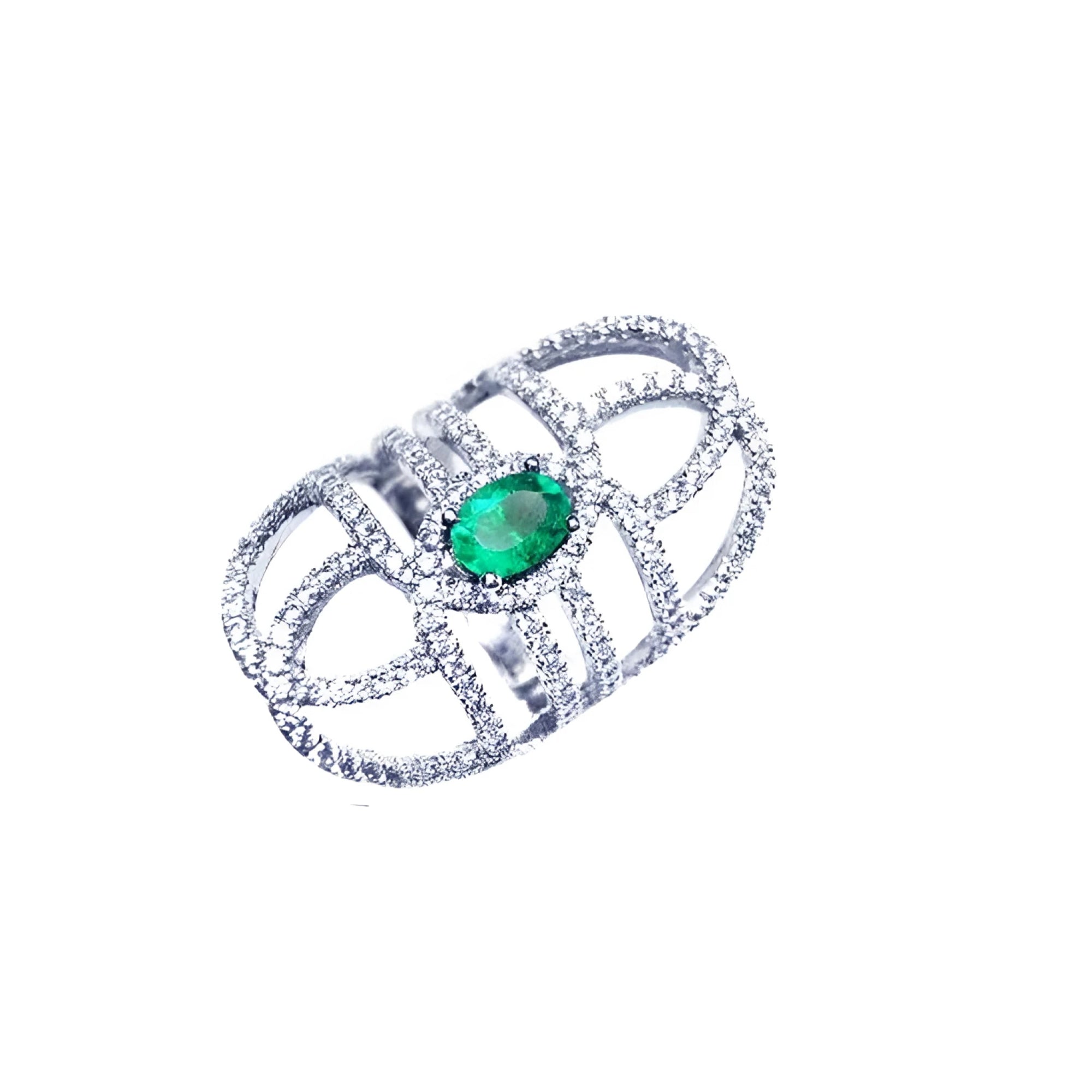 Sterling silver ring with a natural oval emerald center and CZ halo accent, featuring a wide, openwork band.