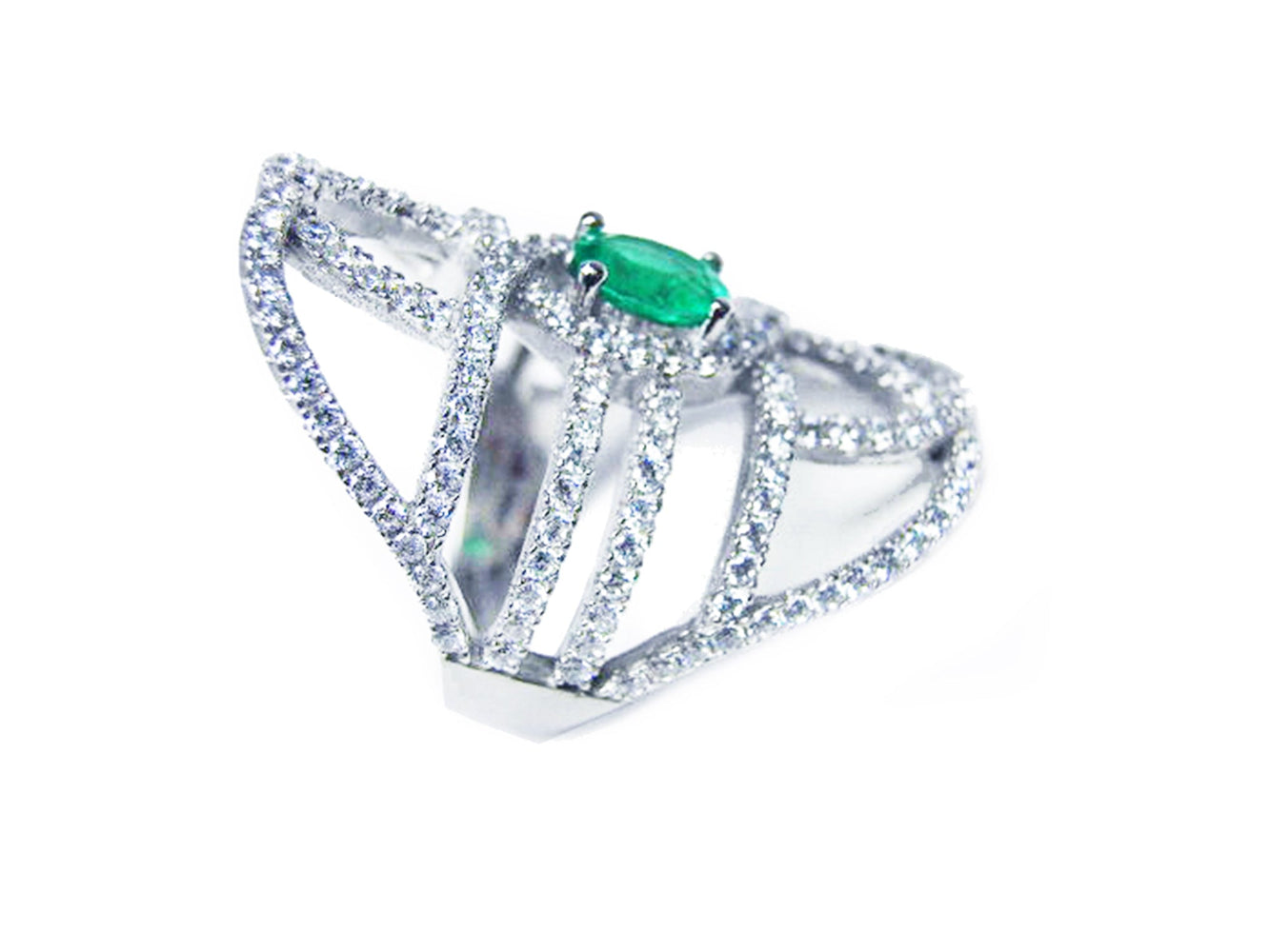A silver ring with natural emerald center stone and diamond accents on a white background.