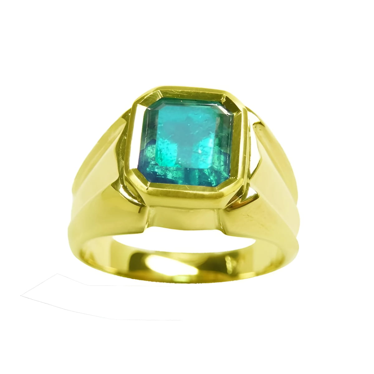 This men’s natural emerald solitaire ring features a 14k yellow gold band with a stylish bezel setting.