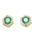 A pair of round emerald cocktail-style stud earrings with a halo of natural diamonds, set in yellow gold.