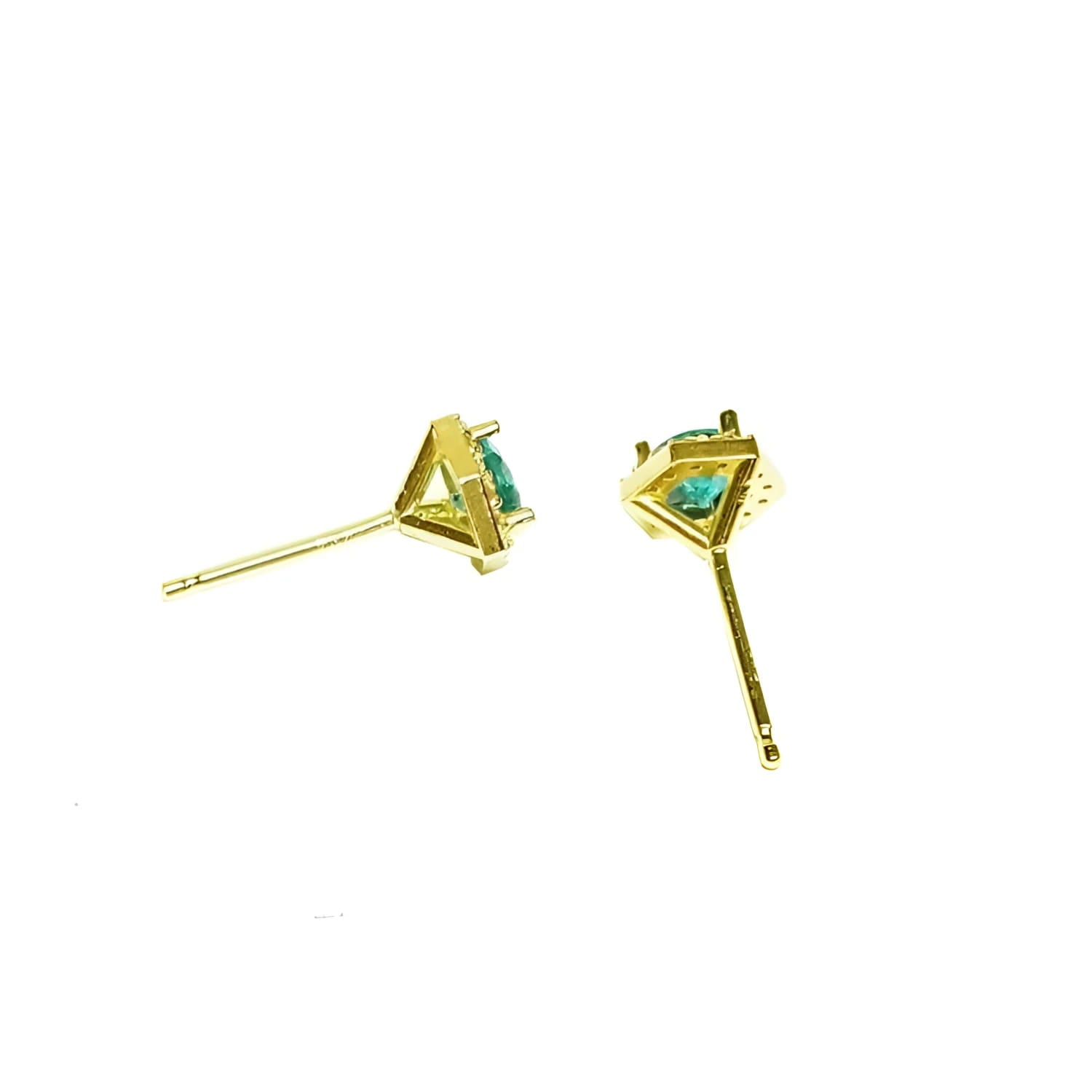 Hexagon emerald and diamond stud earrings in 14K yellow gold.