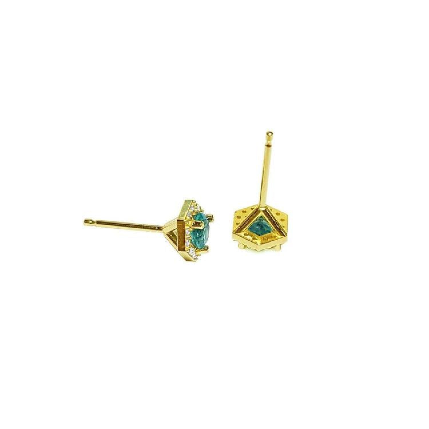 Hexagon emerald and diamond stud earrings in 14K yellow gold, featuring a halo of natural diamonds.