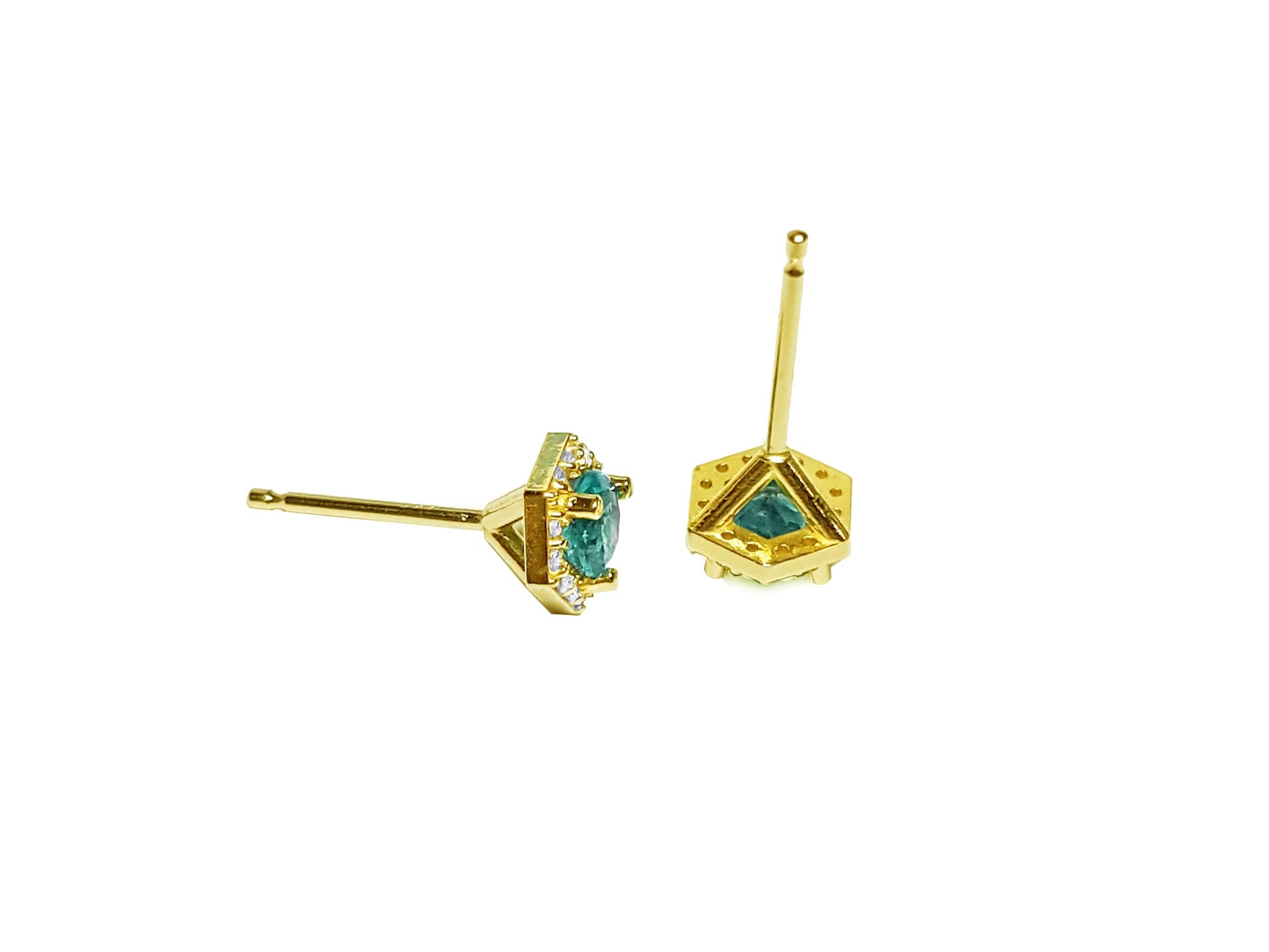 Upside down of muzo mine emerald stud earrings 14k yellow gold.