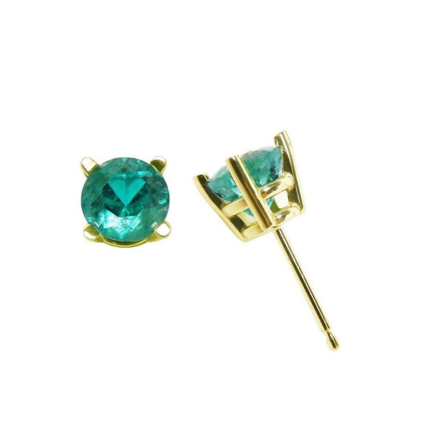 14k yellow gold emerald stud earrings, round cut with natural colombian emeralds.