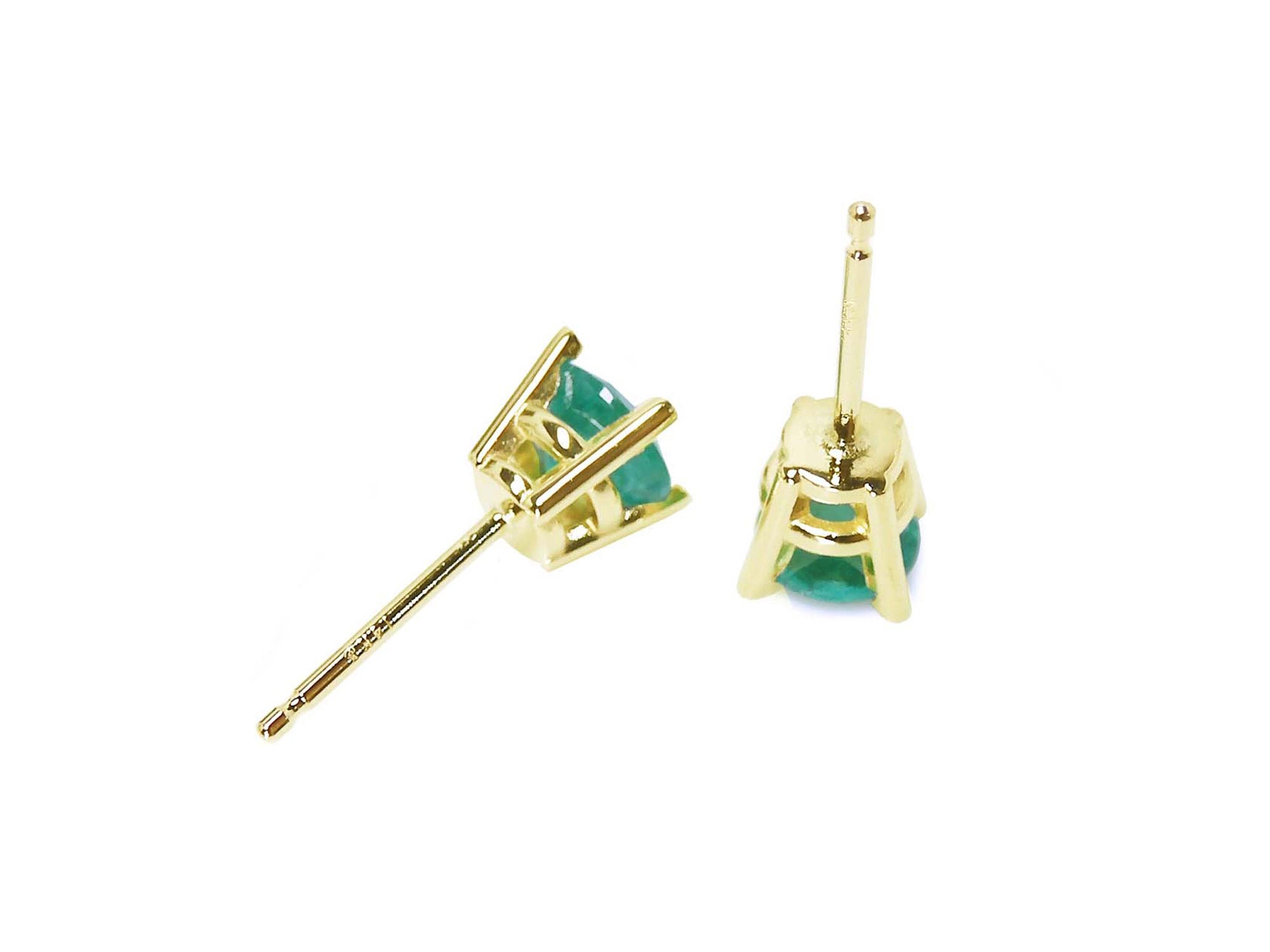 14k yellow gold emerald stud earrings, upside down position underside view.