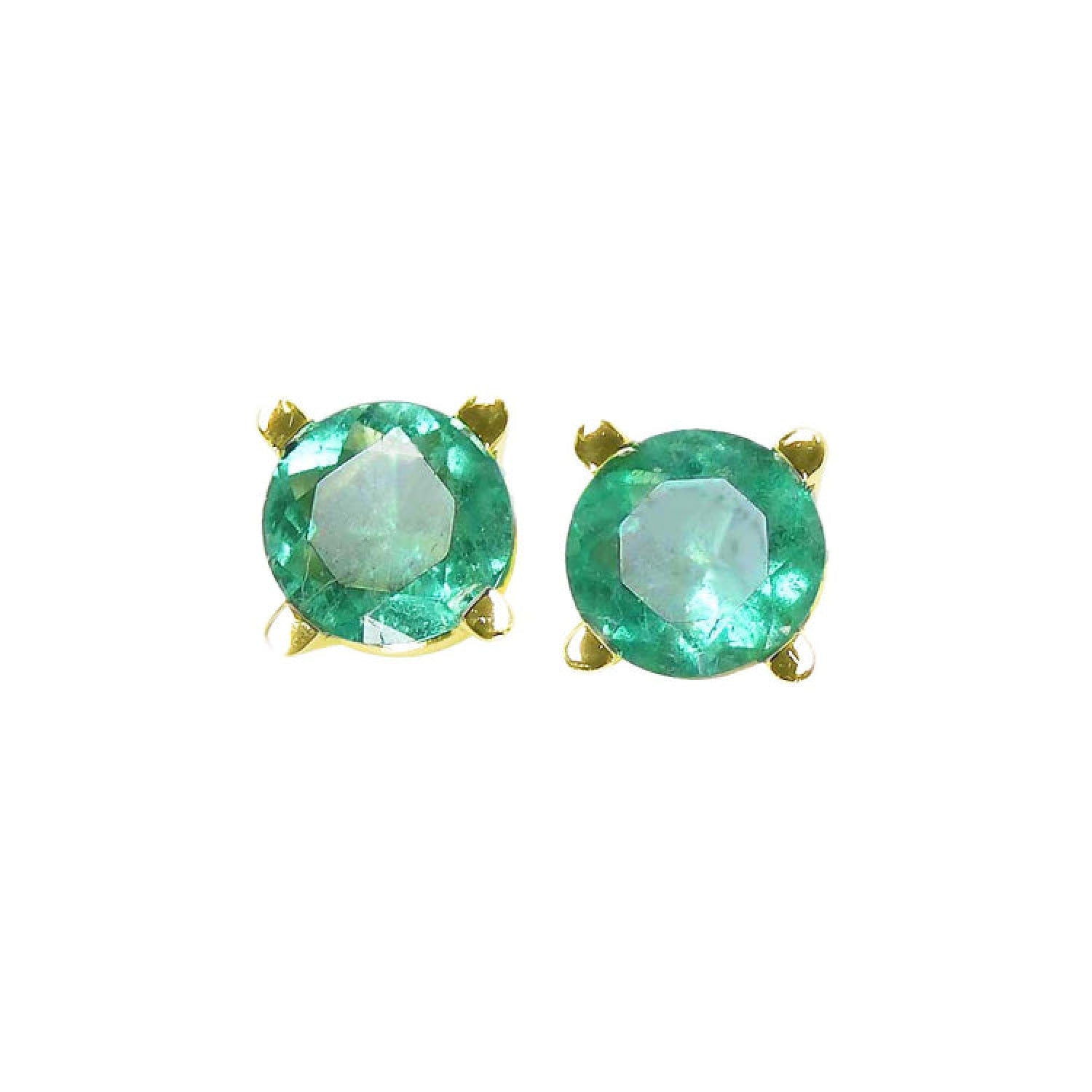 Pair of emerald stud earrings with 14k yellow gold settings natural colombian emeralds.
