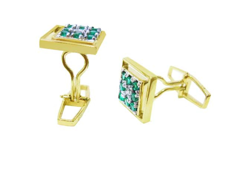 Emerald and diamond cufflinks for men eight round cut natural sourced from the Muzo mines in Colombia square design
