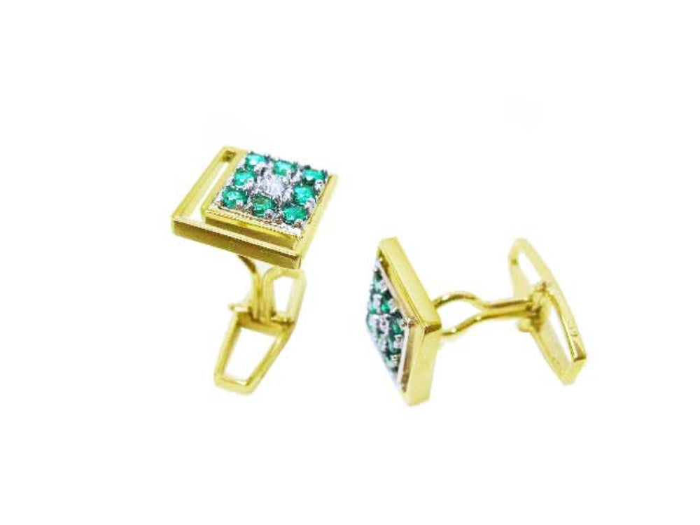Deep green Colombian emeralds cufflinks eight round cut natural sourced from the Muzo mines in square design