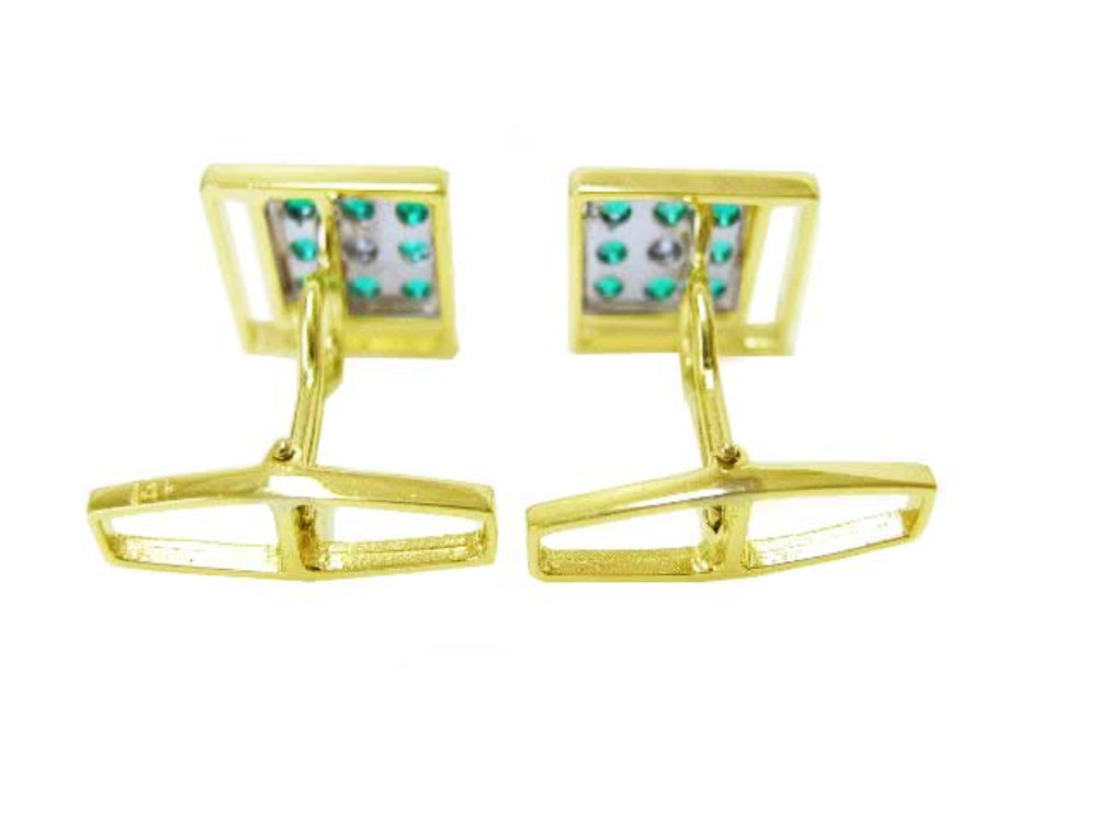 Emerald and diamonds men’s cufflinks eight round cut natural sourced from the Muzo mines in Colombia square design