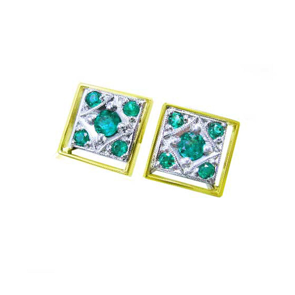 Pair of diamond-shaped cufflinks for men with round cut natural emeralds on a topside view display.