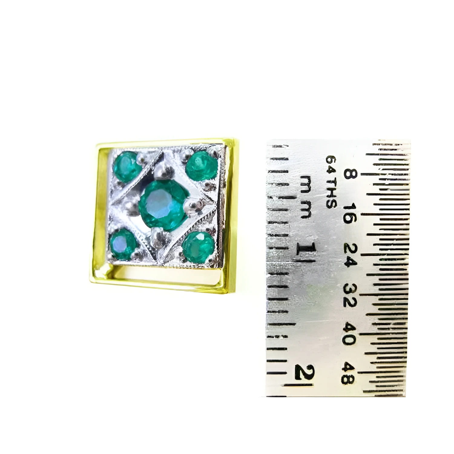 14K yellow gold men's cufflink with five natural emeralds in a diamond design, shown with a ruler for size.