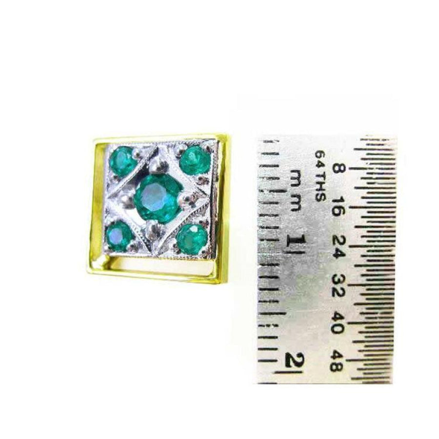 14K yellow gold men's cufflink with five natural emeralds in a diamond design, shown with a ruler for size.
