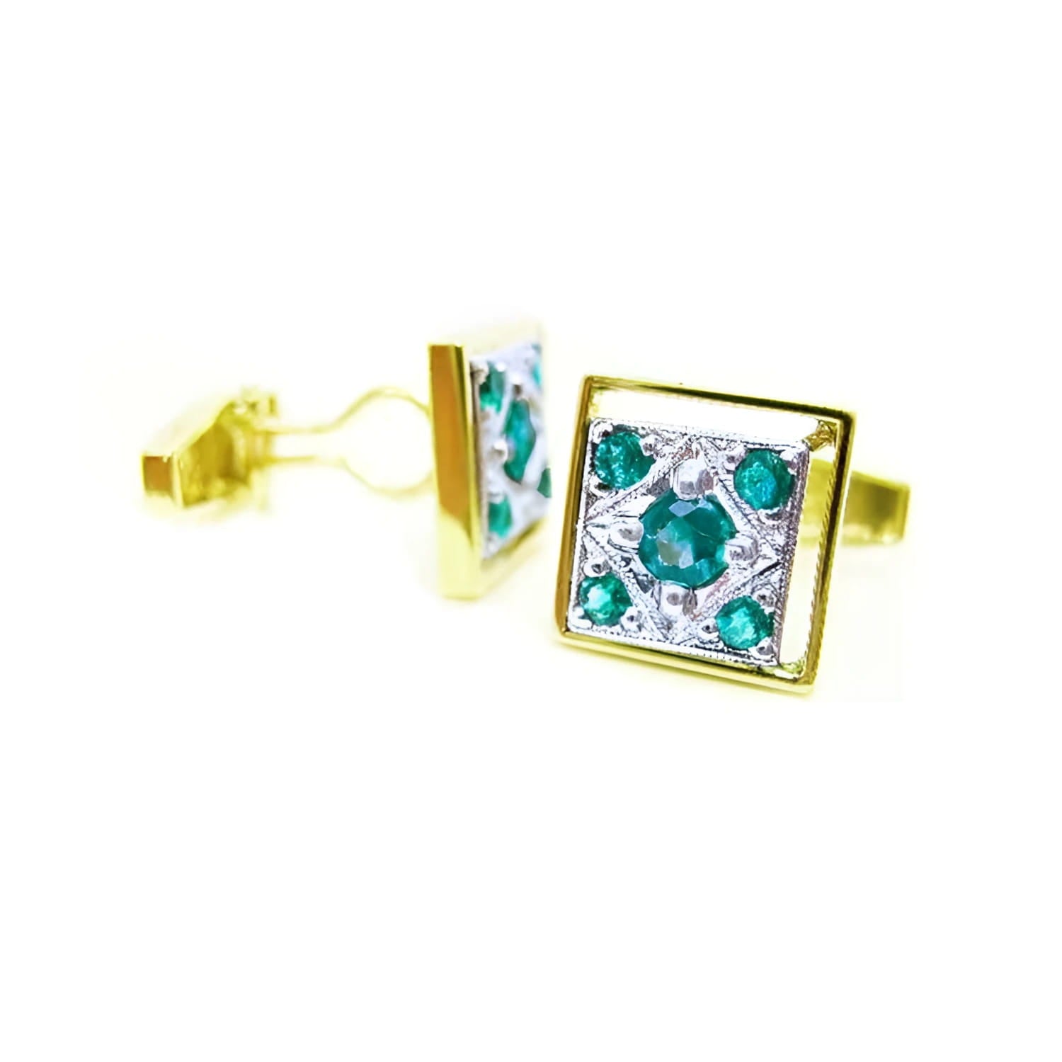 14K yellow gold men's cufflinks with diamond-shaped Colombian emeralds and milgrain detailing.