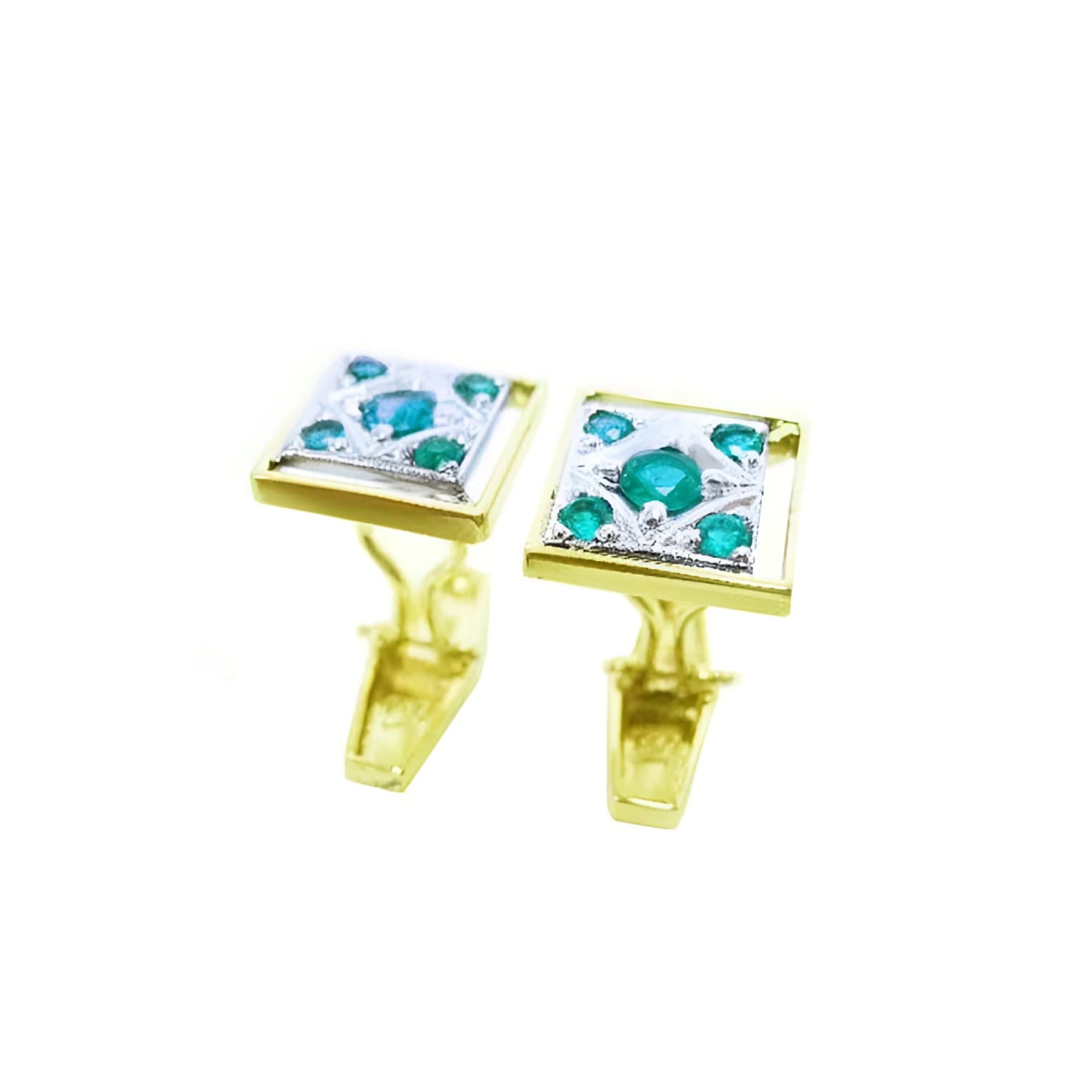 14K yellow gold men's cufflinks with square-cut natural emeralds and milgrain detailing.