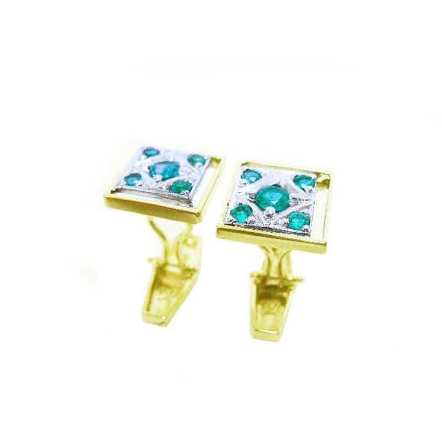 14K yellow gold men's cufflinks with square-cut natural emeralds and milgrain detailing.