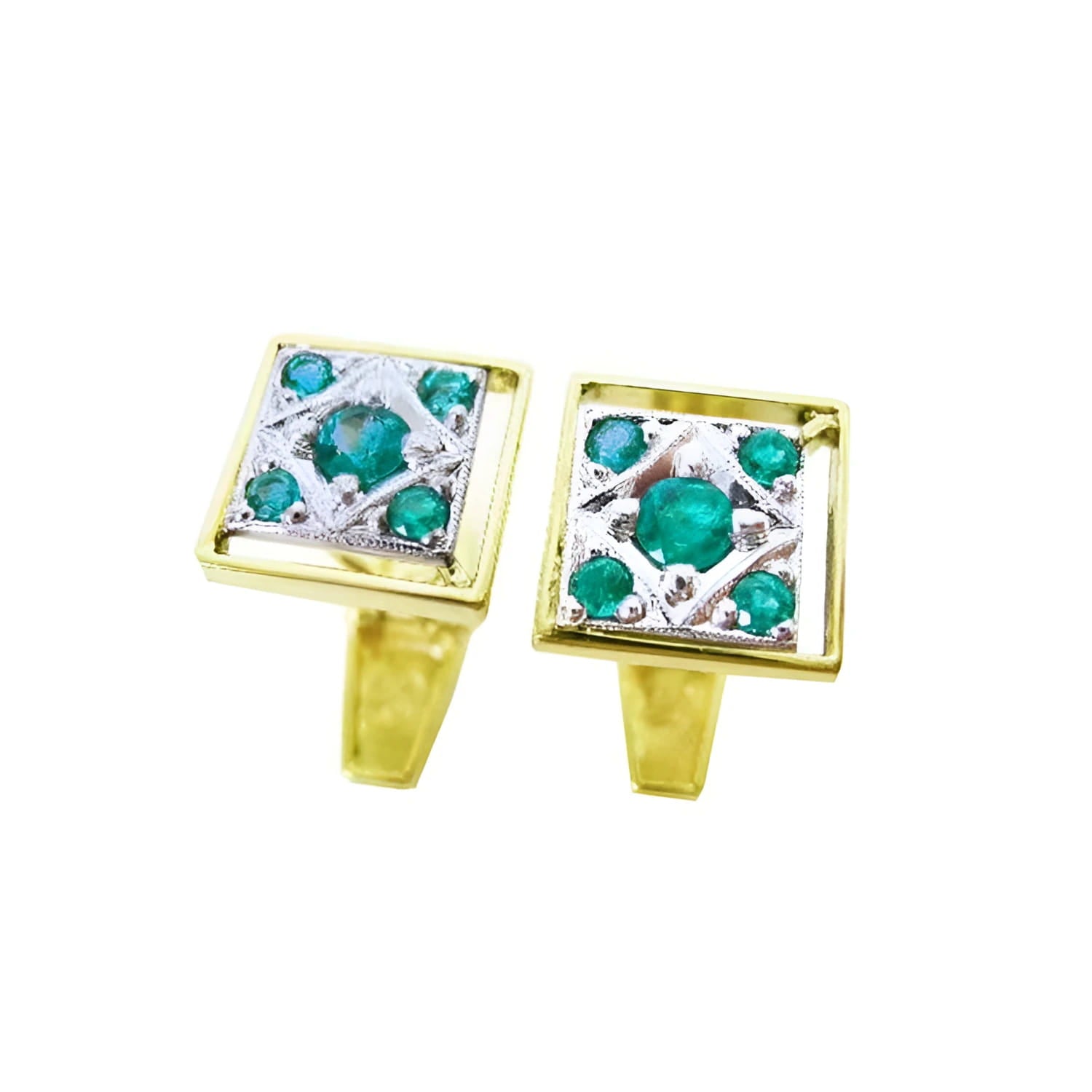 14K yellow gold men's cufflinks with square emeralds, milgrain detail, and diamond-shaped design.