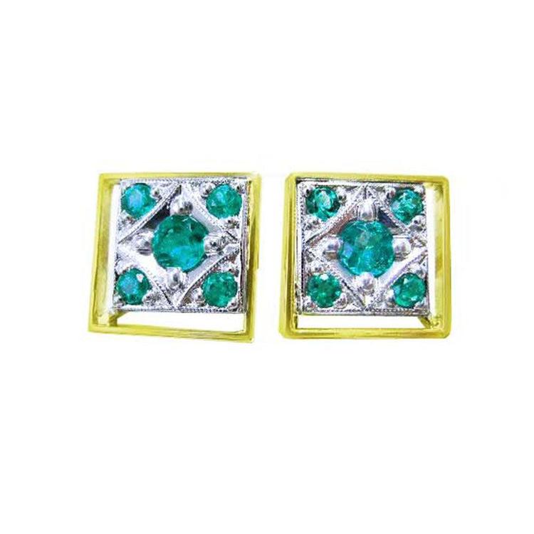 A pair of cufflinks for men with five round cut natural colombian emeralds each in yellow and white gold topside view.