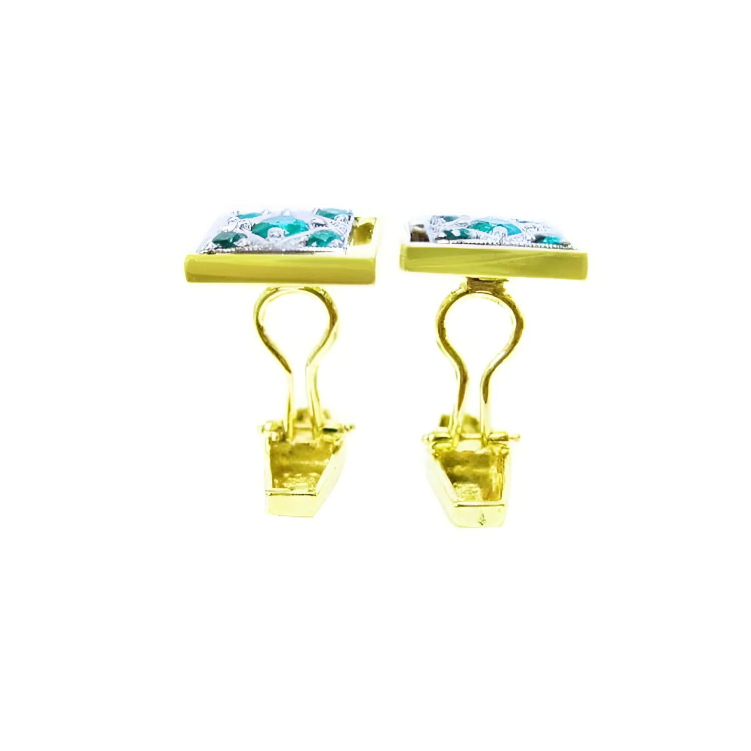 Pair of 14K yellow gold men's cufflinks with green emeralds in a diamond-shaped design.