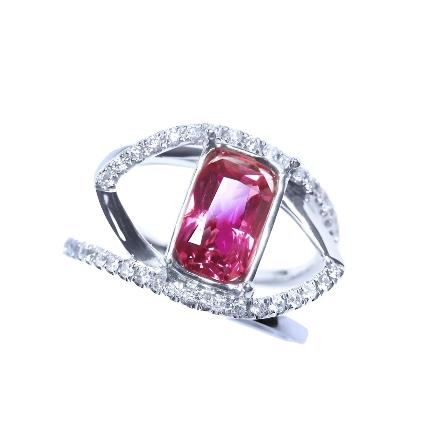 GIA certified 1.38 ct purplish pink sapphire ring with a fancy emerald cut and sparkling diamond accents.