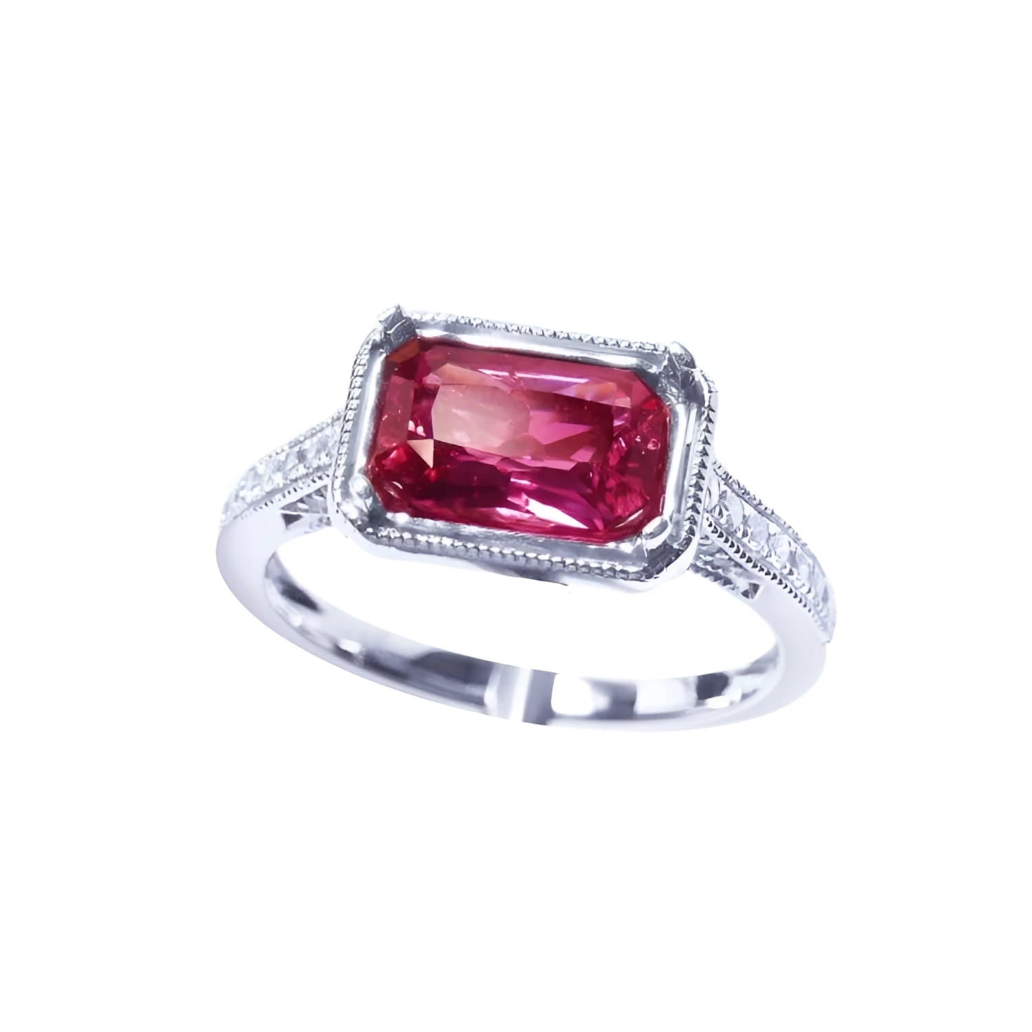 GIA certified 1.38 ct. fancy cut purplish pink sapphire ring with diamond accents on a white gold band.