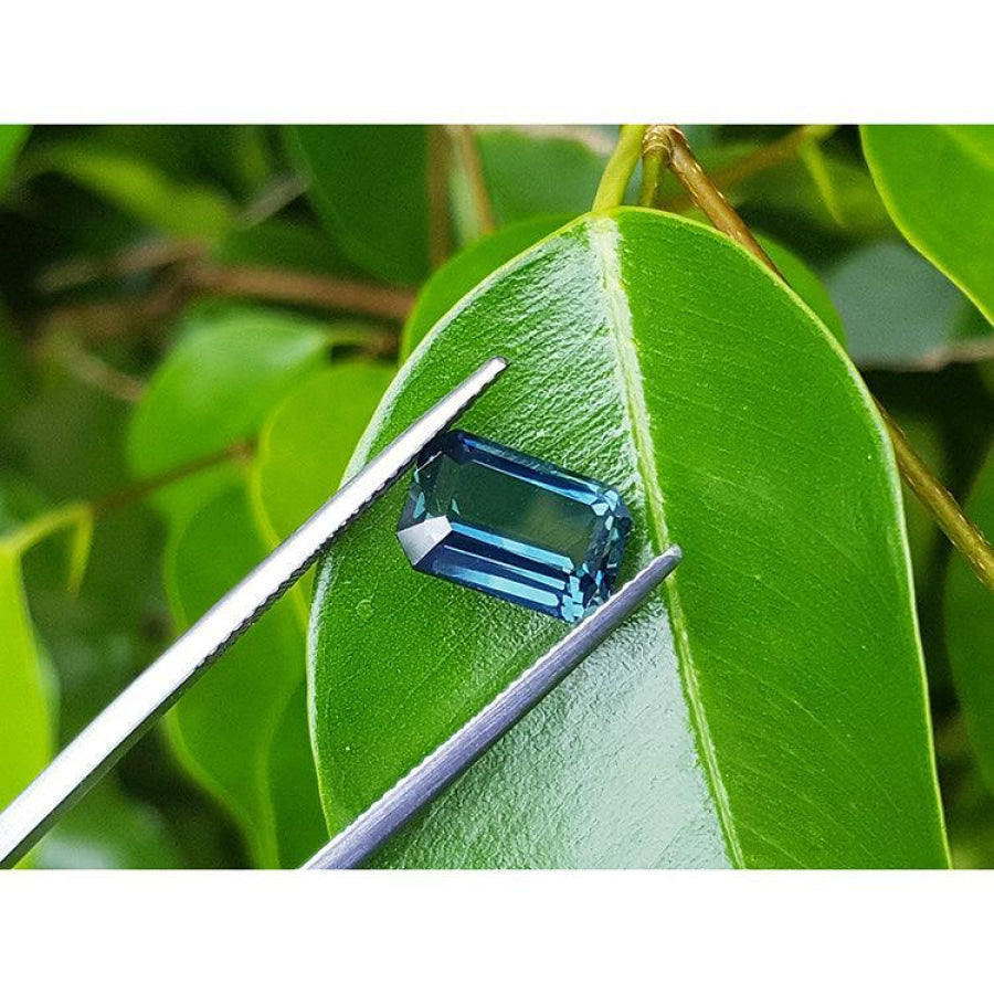 Deep blue-green emerald cut sapphire held by tweezers on a green leaf.