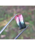 Multicolored gemstone held between tweezers with a blurred green background