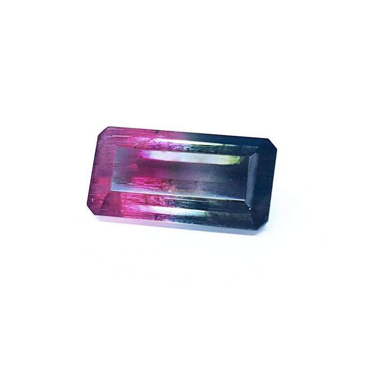 A rectangular watermelon tourmaline showing the topside, table and crown visibles. 