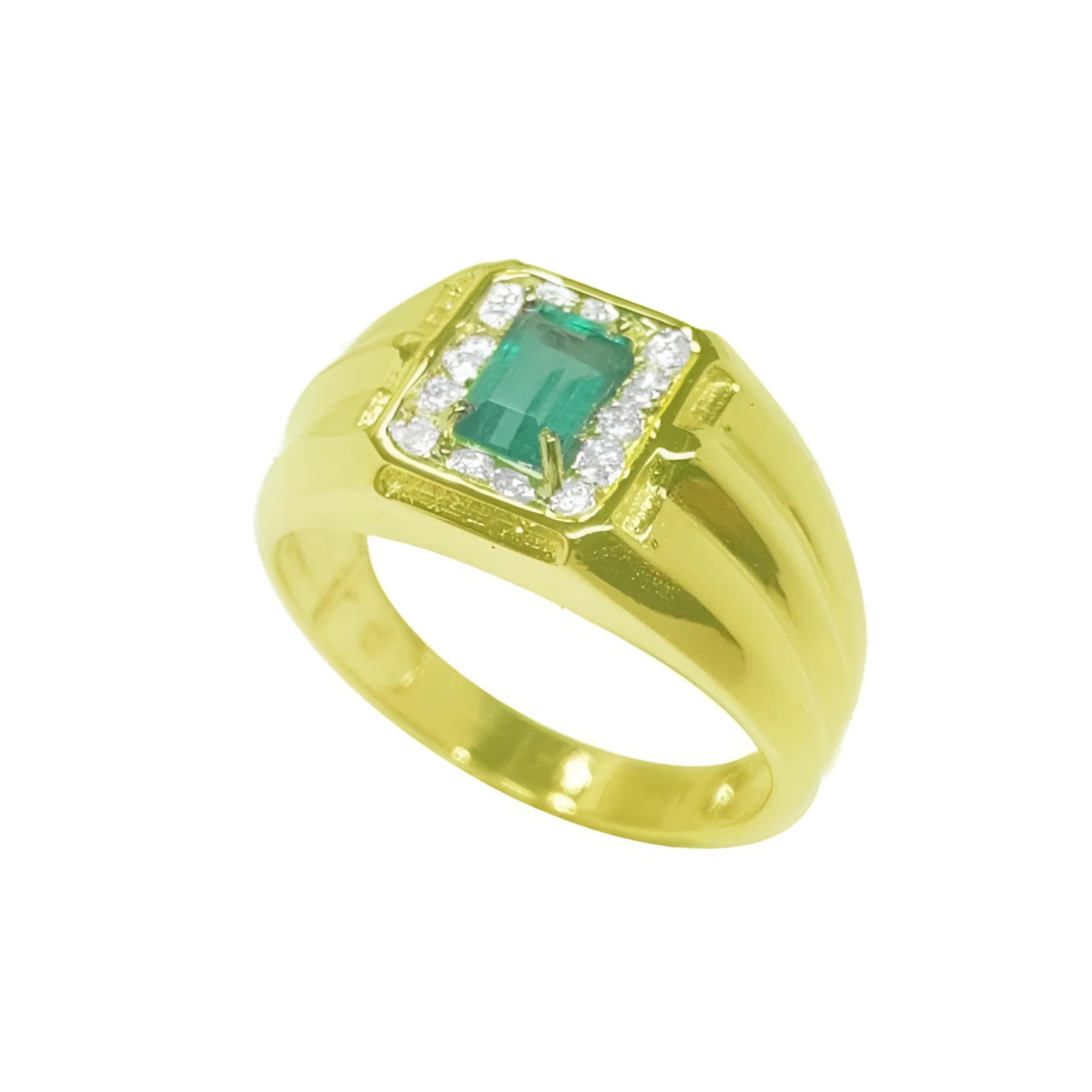 Men's 14K yellow gold ring with a rectangular emerald-cut Muzo emerald surrounded by white stones.