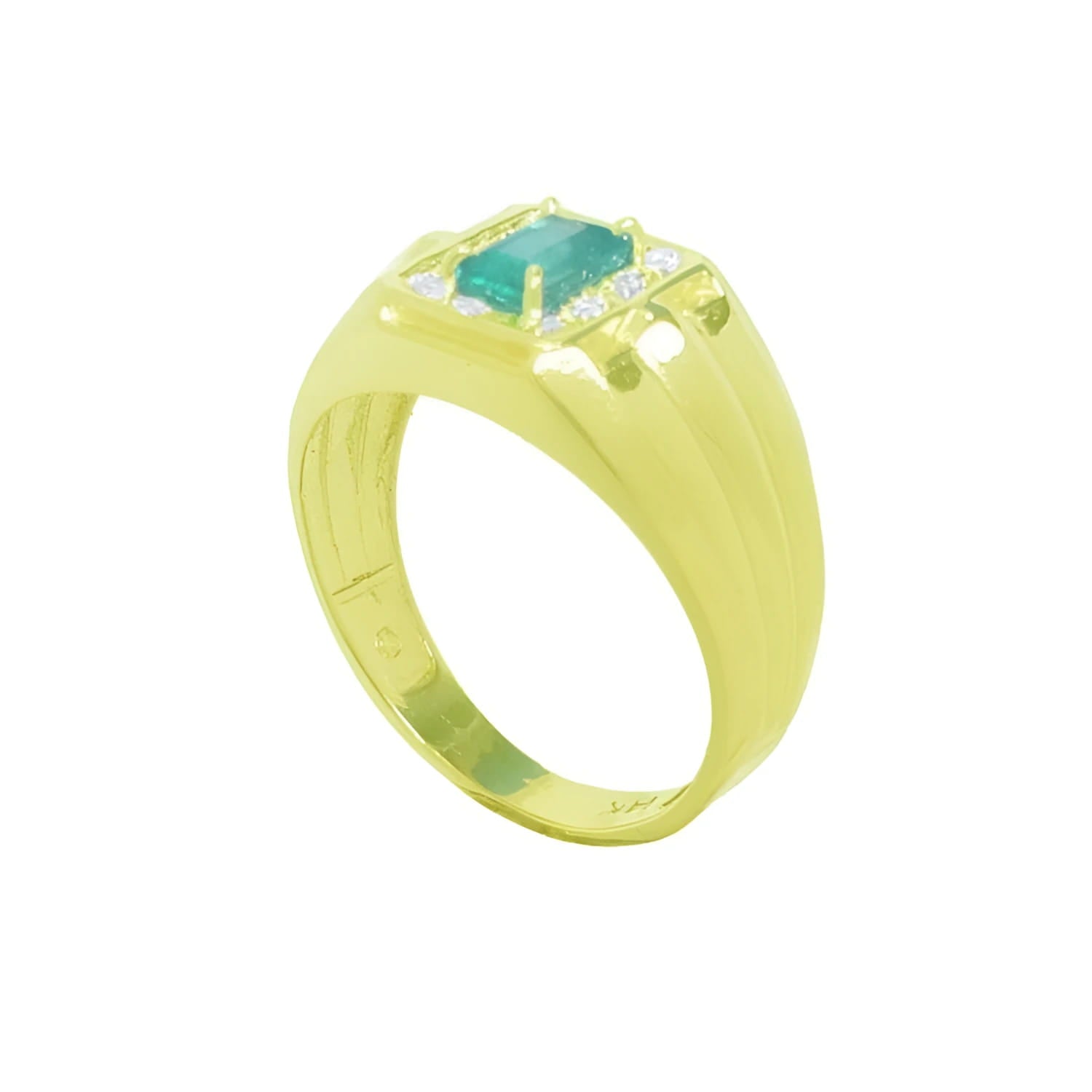 Men's 14K yellow gold ring with a rectangular emerald-cut Muzo emerald and small diamonds.
