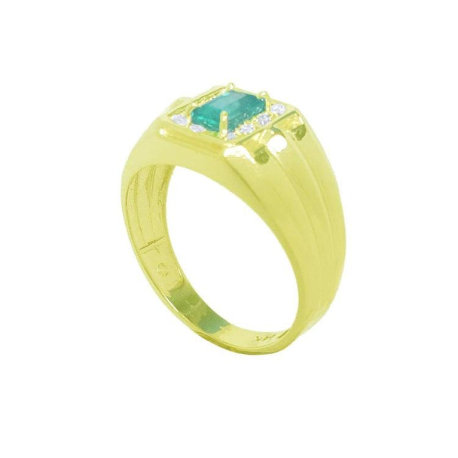 Men's 14K yellow gold ring with a rectangular emerald-cut Muzo emerald and small diamonds.