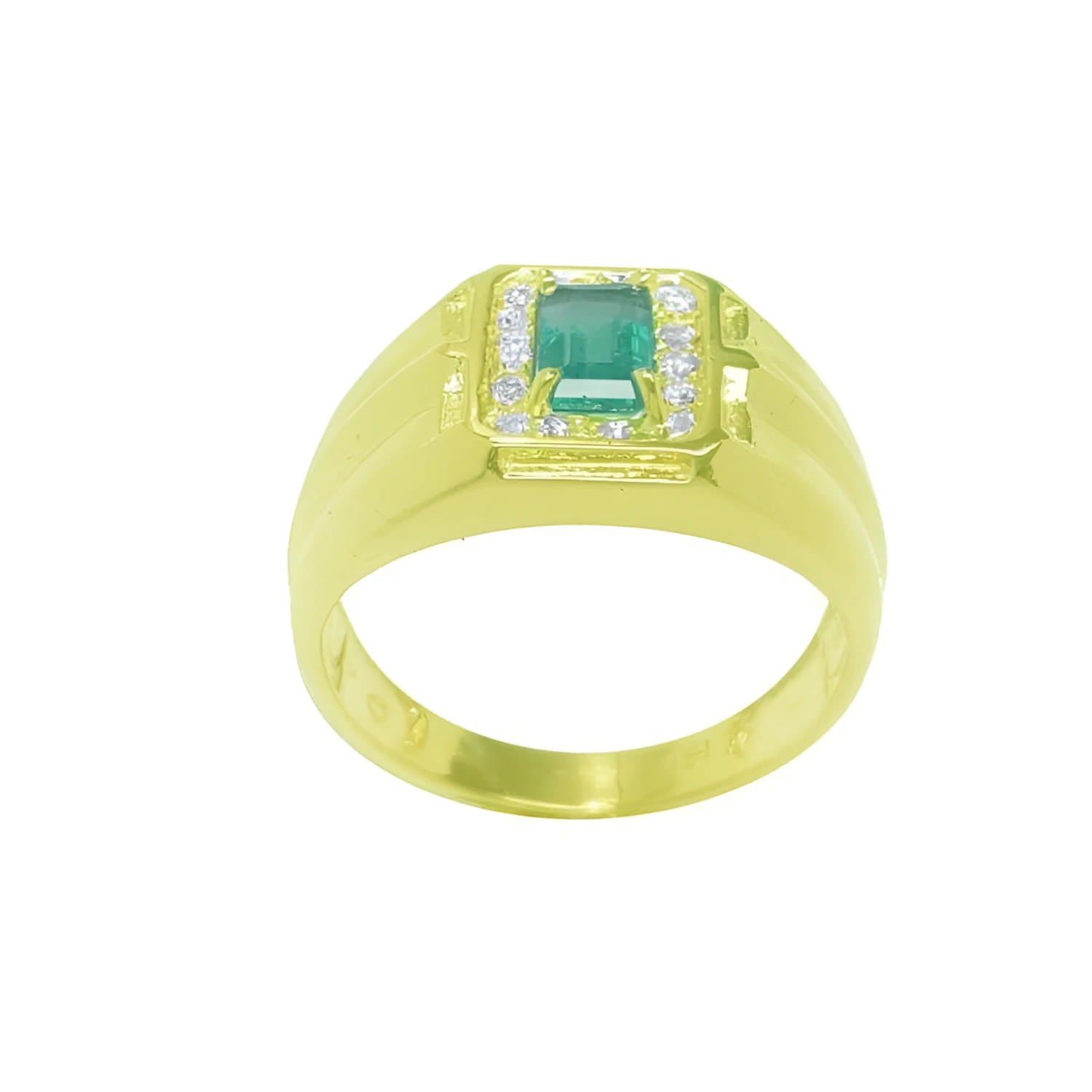 Men's 14K yellow gold ring with a rectangular emerald-cut Muzo emerald and diamond halo.